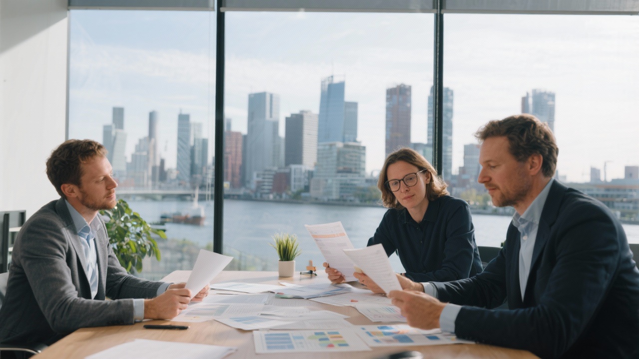 Founders of a Dutch HR consultancy reviewing strategy documents in a modern office overlooking Amsterdam Zuidas skyline during an early planning session.