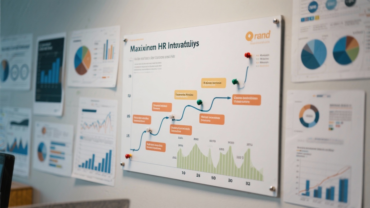Pinned roadmap showing quarterly HR initiatives, milestones, and compliance checkpoints arranged chronologically on a wall surrounded by analytic printouts.