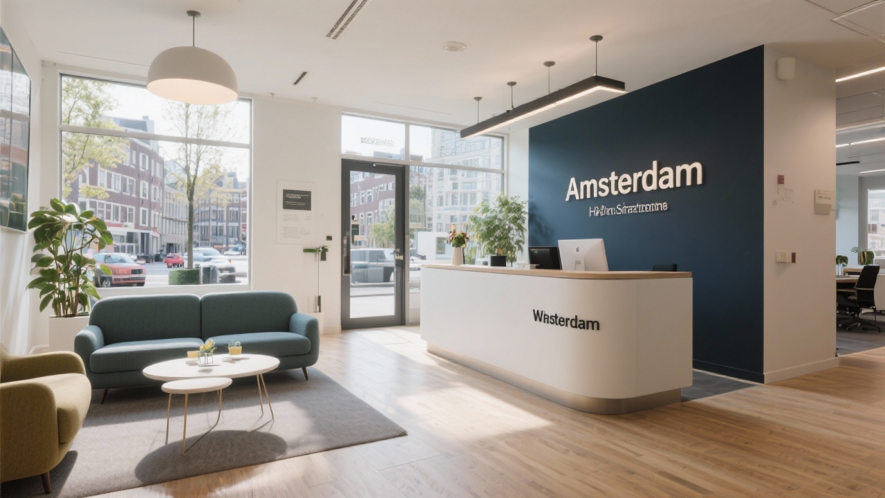 Welcoming reception area of an Amsterdam office with signage, seating, and natural light prepared for visiting HR stakeholders.