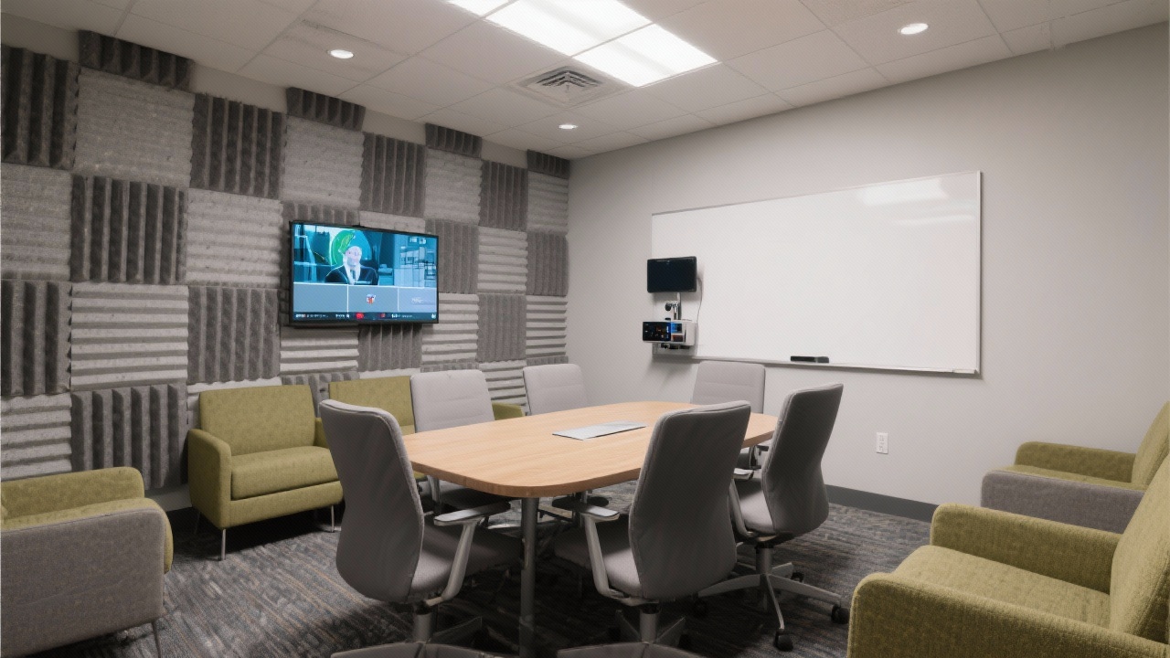 Dedicated client meeting room with videoconferencing equipment, acoustically treated walls, and flexible seating for confidential HR strategy conversations.