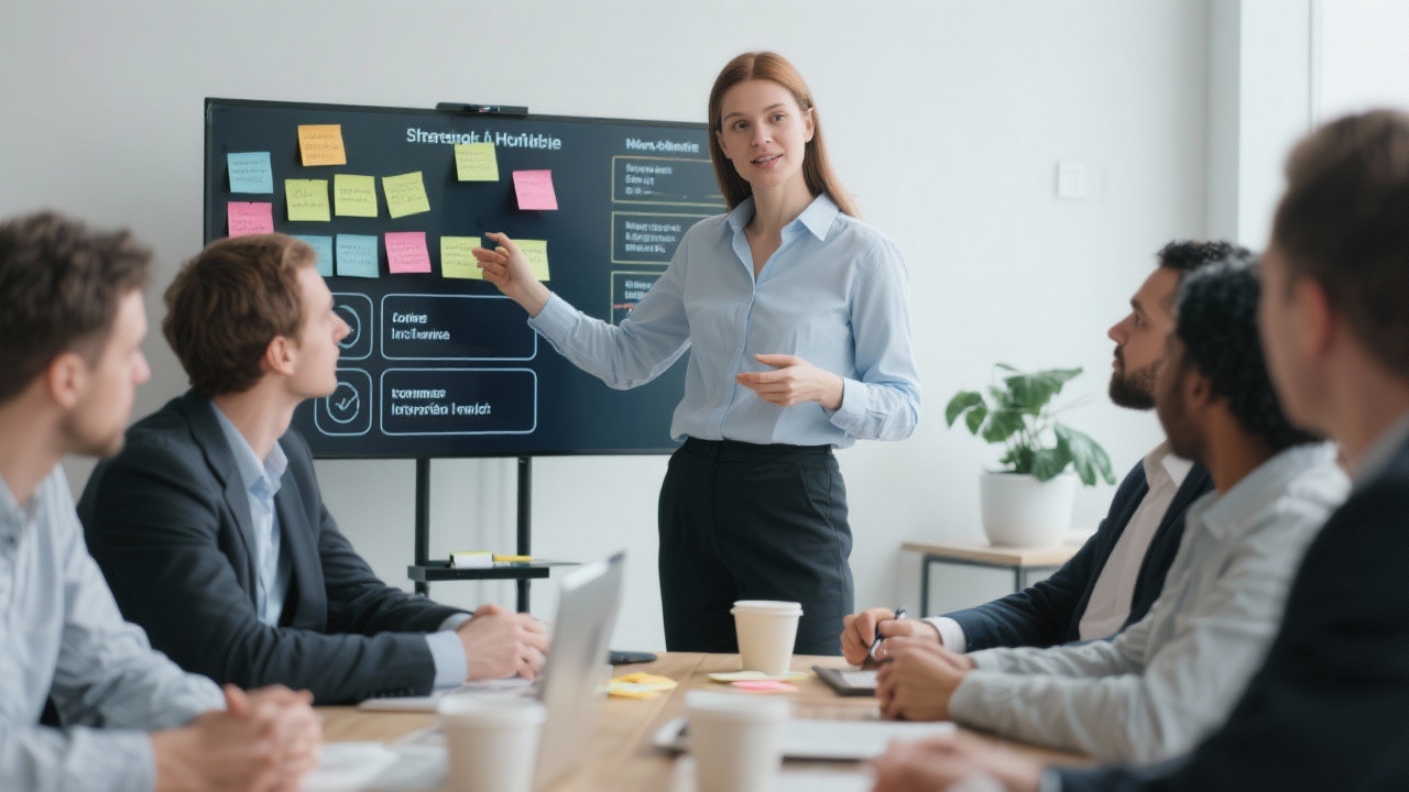 Strategic HR consultant leading a workshop with managers using sticky notes and digital boards to prioritise workforce initiatives in a collaborative setting.