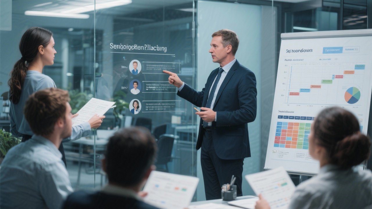 People leader outlining succession planning scenarios on a glass wall while colleagues evaluate talent matrices and succession charts nearby.