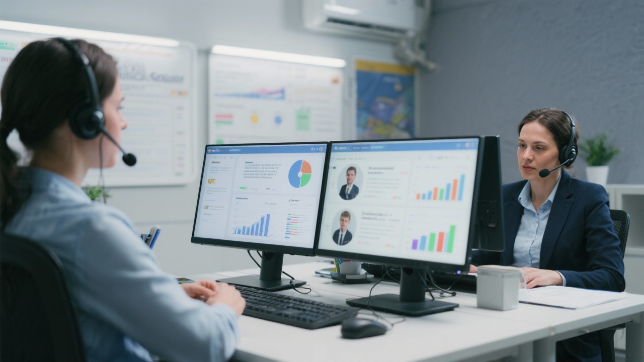 Recruitment specialists screening candidate profiles and labour market statistics on dual monitors while coordinating interviews via headsets in a dedicated sourcing space.